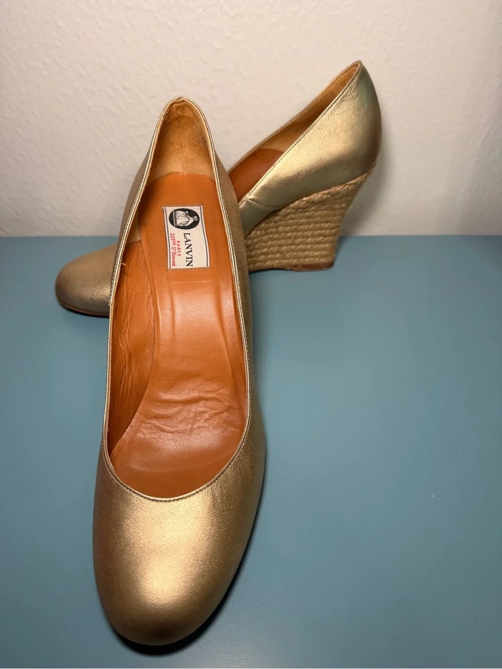 Lanvin Metallic Gold Wedge Espadrille Pumps